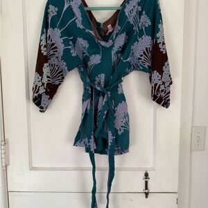 Teal Floral Kimono Top - 100% silk